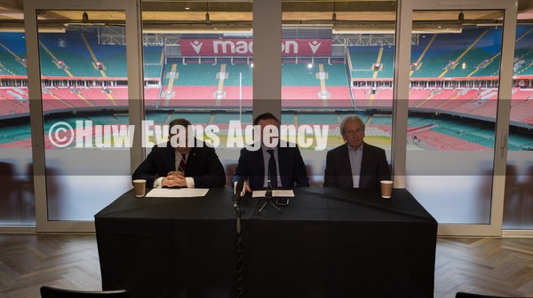 020222 - WRU Principality Stadium Press Conference - Left to right, Principality Stadium manager Mark Williams, WRU CEO Steve Phillips and Principality Stadium head steward Ed Zgorselski during a press conference to announce new measures to improve the fan experience during the forthcoming Wales Six Nations matches at the Principality Stadium