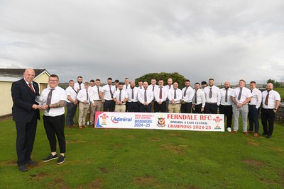 070625 - Ferndale RFC League Presentation - Admiral National League 4 East Central - WRU Rep Roy Wilkinson presents the trophy to Ferndale RFC Captain, Sam Hodder