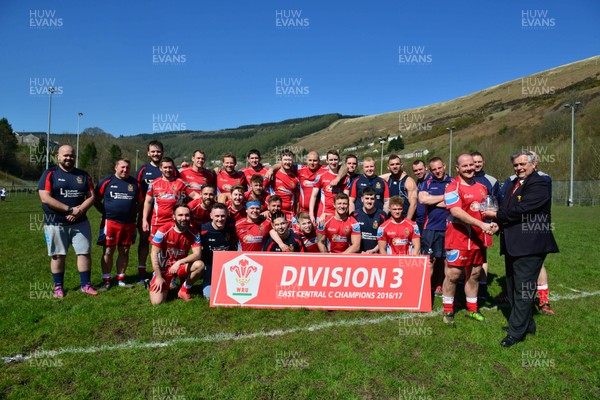 080417 - Ferndale - v - Llanrumney - Division 3 East Central C - WRU representative Ray Wilton presents the league trophy to Ferndale RFC captain Robert Crudge