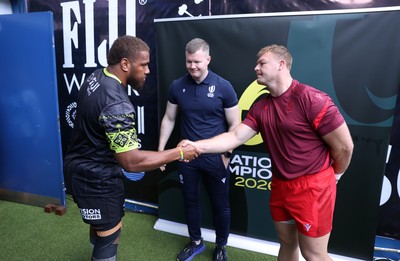 040726 - Fiji v Wales - Nations Championship - Tevita Ikanivere of Fiji and Dewi Lake of Wales during the coin toss