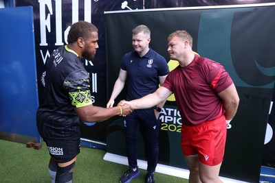 040726 - Fiji v Wales - Nations Championship - Tevita Ikanivere of Fiji and Dewi Lake of Wales during the coin toss