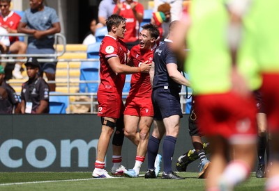 040726 - Fiji v Wales - Nations Championship - Josh Adams of Wales celebrates scoring a try