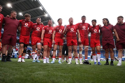 040726 - Fiji v Wales - Nations Championship - Dewi Lake of Wales speaks in the team huddle at full time