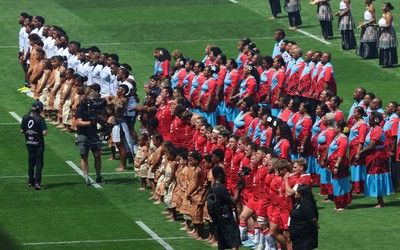 040726 - Fiji v Wales, Nations Championship - The teams line up for the anthems ahead of the match