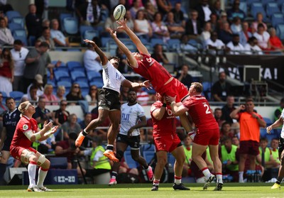 040726 - Fiji v Wales, Nations Championship - Ben Carter of Wales reaches to take the ball