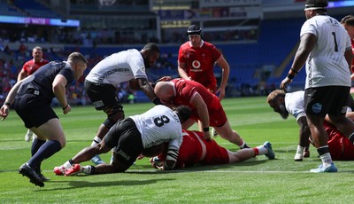 040726 - Fiji v Wales, Nations Championship - Rhys Carre of Wales powers over to score try