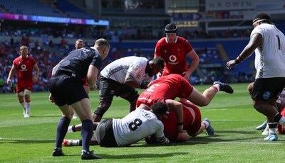 040726 - Fiji v Wales, Nations Championship - Rhys Carre of Wales powers over to score try