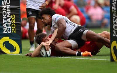 040726 - Fiji v Wales, Nations Championship - Eddie James of Wales dives in to score the final try