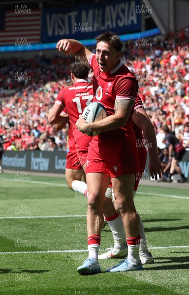 040726 - Fiji v Wales, Nations Championship - Josh Adams of Wales celebrates after scoring try