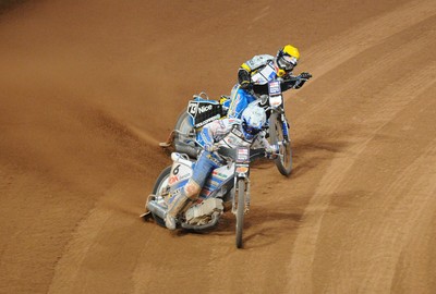 10.07.10 - FIM British Speedway Grand Prix Nicki Pedersen and Jaroslaw Hampel during the heats 