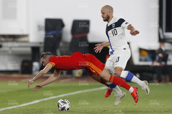 030920 - Finland v Wales - UEFA Nations League - Connor Roberts of Wales is tackled by Teemu Pukki