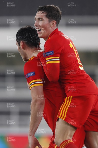 030920 - Finland v Wales - UEFA Nations League - Kieffer Moore of Wales celebrates scoring goal with Harry Wilson