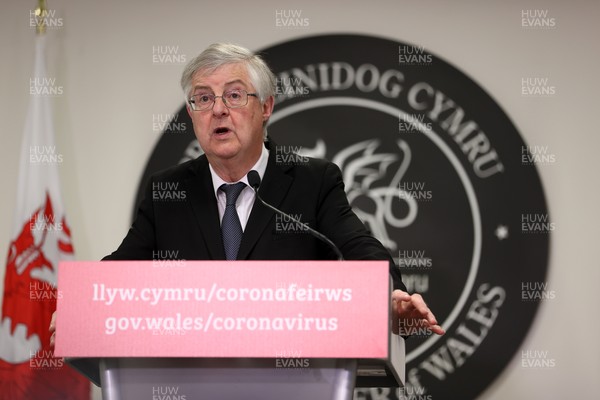 230421 - Picture shows First Minister of Wales Mark Drakeford during a press conference today As outdoor hospitality can open on Monday (26th) and gyms leisure centres can now open early from the 3rd May 