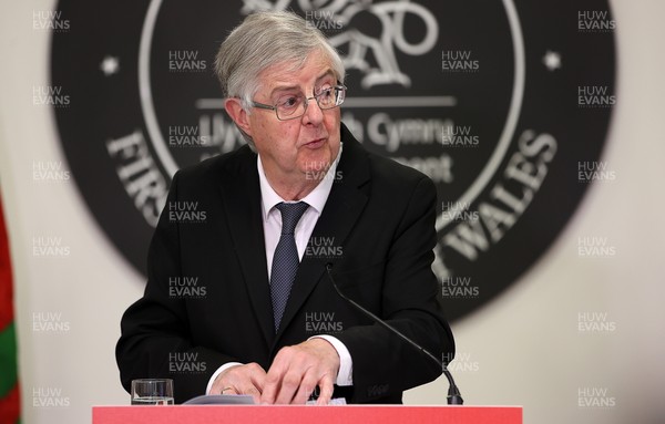 230421 - Picture shows First Minister of Wales Mark Drakeford during a press conference today As outdoor hospitality can open on Monday (26th) and gyms leisure centres can now open early from the 3rd May 