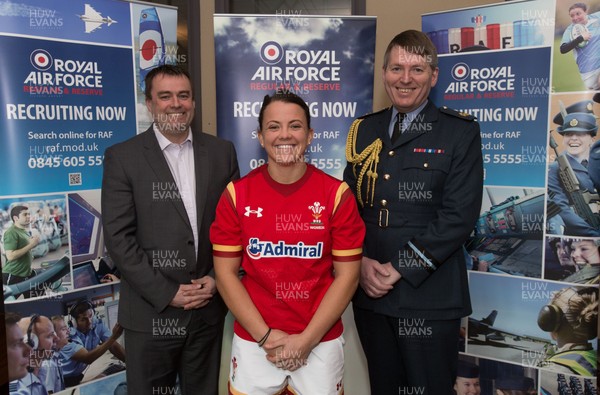 100216 - First WRU professional female rugby player - Wales flanker Sian Williams who has been awarded Elite Athlete Status by the RAF making her the first full-time professional Welsh female rugby player, along with WRU Group Chief Executive Martyn Phillips, and Air Commodore Adrian Williams, Air Officer for Wales