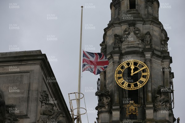 090421 The Union Flag is flown at half mast at City Hall in Cardiff, after the announcement of the death of HRH The Duke of Edinburgh by Buckingham Palace