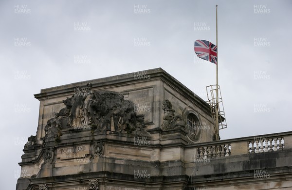 090421 The Union Flag is flown at half mast at City Hall in Cardiff, after the announcement of the death of HRH The Duke of Edinburgh by Buckingham Palace