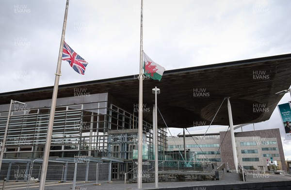 090421 The Union Flag and Welsh flag are flown at half mast at The Welsh Parliament's Senedd in Cardiff Bay, after the announcement of the death of HRH The Duke of Edinburgh by Buckingham Palace