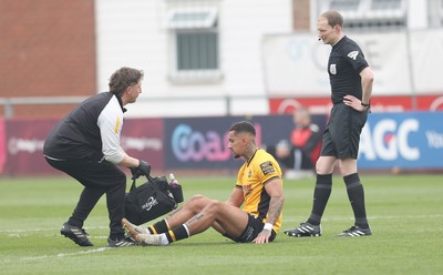260425 - Fleetwood Town v Newport County - Sky Bet League 2 - Courtney Baker-Richardson of Newport injured and taken off to be subbed for Kyle Hudlin of Newport
