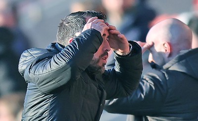 280226 - Fleetwood Town v Newport County - Sky Bet League 2 - Newport manager Christian Fuchs reaction to on pitch play