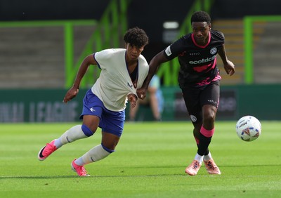 250726 - Forest Green Rovers v Cardiff City, Pre-Season Friendly - Paul Moreno of Cardiff City and Tate Campbell of Forest Green Rovers  compete for the ball