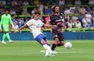 250726 - Forest Green Rovers v Cardiff City, Pre-Season Friendly - Alex Robertson of Cardiff City plays the ball forward