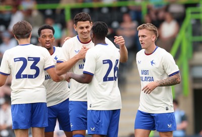 250726 - Forest Green Rovers v Cardiff City, Pre-Season Friendly - Cardiff celebrate after Isaak Davies of Cardiff City opens the scoring