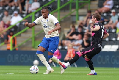 250726 - Forest Green Rovers v Cardiff City, Pre-Season Friendly - Gabiel Osho of Cardiff City and Kyle McAllister of Forest Green Rovers compete for the ball