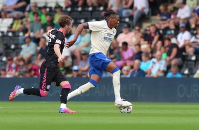 250726 - Forest Green Rovers v Cardiff City, Pre-Season Friendly - Gabiel Osho of Cardiff City and Kyle McAllister of Forest Green Rovers compete for the ball