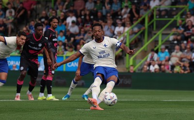 250726 - Forest Green Rovers v Cardiff City, Pre-Season Friendly - Chris Willock of Cardiff City scores from the penalty spot