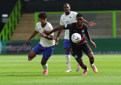 250726 - Forest Green Rovers v Cardiff City, Pre-Season Friendly - Paul Moreno of Cardiff City and Tate Campbell of Forest Green Rovers  compete for the ball