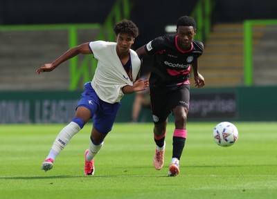 250726 - Forest Green Rovers v Cardiff City, Pre-Season Friendly - Paul Moreno of Cardiff City and Tate Campbell of Forest Green Rovers  compete for the ball