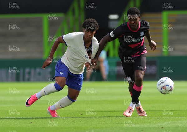 250726 - Forest Green Rovers v Cardiff City, Pre-Season Friendly - Paul Moreno of Cardiff City and Tate Campbell of Forest Green Rovers  compete for the ball