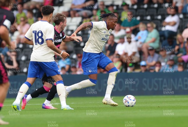 250726 - Forest Green Rovers v Cardiff City, Pre-Season Friendly - Gabiel Osho of Cardiff City and Kyle McAllister of Forest Green Rovers compete for the ball