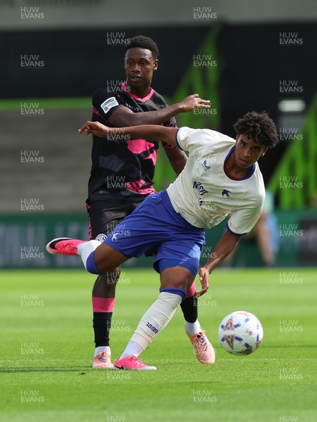 250726 - Forest Green Rovers v Cardiff City, Pre-Season Friendly - Paul Moreno of Cardiff City and Tate Campbell of Forest Green Rovers  compete for the ball