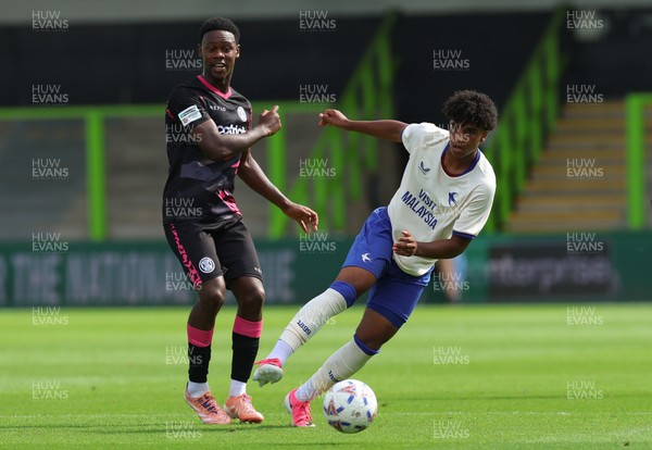 250726 - Forest Green Rovers v Cardiff City, Pre-Season Friendly - Paul Moreno of Cardiff City and Tate Campbell of Forest Green Rovers  compete for the ball
