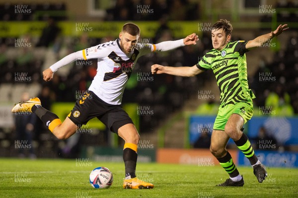 011220 - Forest Green Rovers v Newport County - Sky Bet League 2 - Brandon Copper of Newport County shoots under pressure from Daniel Sweeney of Forest Green