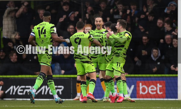 050222 - Forest Green Rovers v Newport County, Sky Bet League 2 - Kane Wilson of Forest Green Rovers and Mathew Stevens of Forest Green Rovers celebrate after scoring the opening goal
