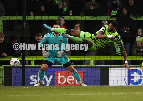 050222 - Forest Green Rovers v Newport County, Sky Bet League 2 - Jamille Matt of Forest Green Rovers makes a spectacular attempt to get a shot at goal