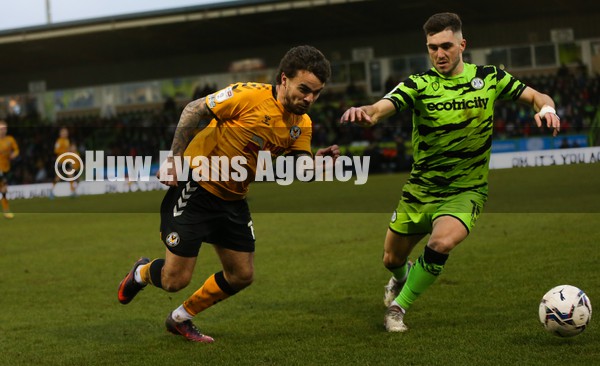 050222 - Forest Green Rovers v Newport County, Sky Bet League 2 - Dom Telford of Newport County looks to hold off Jordan Moore-Taylor of Forest Green Rovers