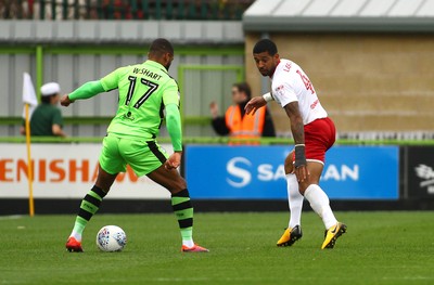 141017 Forest Green Rovers v Newport County - EFL SkyBet League 2 - Joss Labadie of Newport County defends against Dan Wishart of Forest Green Rovers  