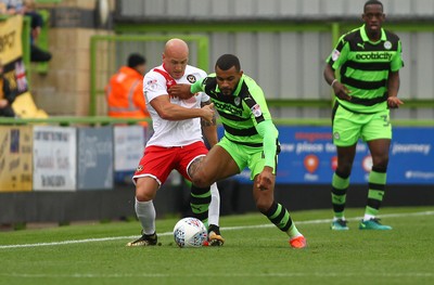 141017 Forest Green Rovers v Newport County - EFL SkyBet League 2 - David Pipe of Newport County defends against Dan Wishart of Forest Green Rovers  
