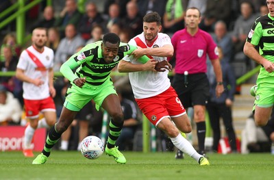 141017 Forest Green Rovers v Newport County - EFL SkyBet League 2 - Padrig Amond of Newport County takes on Dale Bennett of Forest Green Rovers