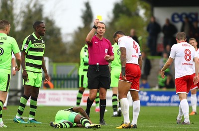 141017 Forest Green Rovers v Newport County - EFL SkyBet League 2 - Joss Labadie of Newport County is booked for his tackled on Drissa Traore of Forest Green Rovers