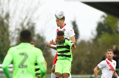 141017 Forest Green Rovers v Newport County - EFL SkyBet League 2 - Micky Demetriou of Newport County beats Keanu Marsh-Brown of Forest Green Rovers