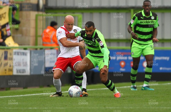 141017 Forest Green Rovers v Newport County - EFL SkyBet League 2 - David Pipe of Newport County defends against Dan Wishart of Forest Green Rovers  