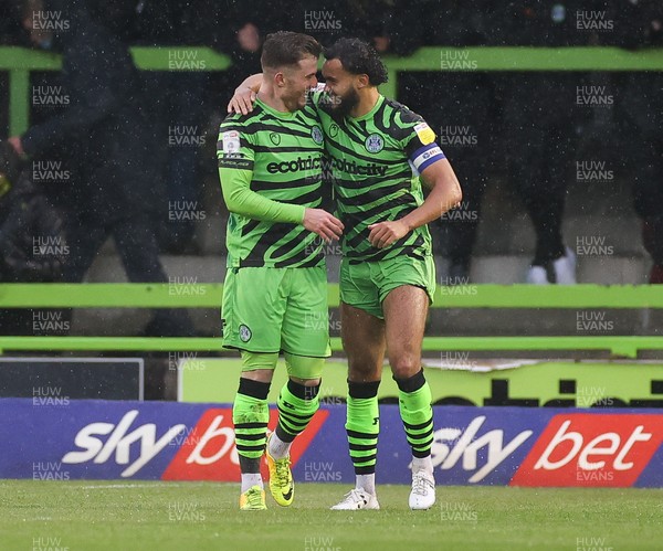 230521 - Forest Green Rovers v Newport County - SkyBet League Two Play off Semi-Final, Second Leg - Nicholas Cadden of Forest Green Rovers, left, is congratulated by Dominic Bernard of Forest Green Rovers as he celebrates scoring the third goal