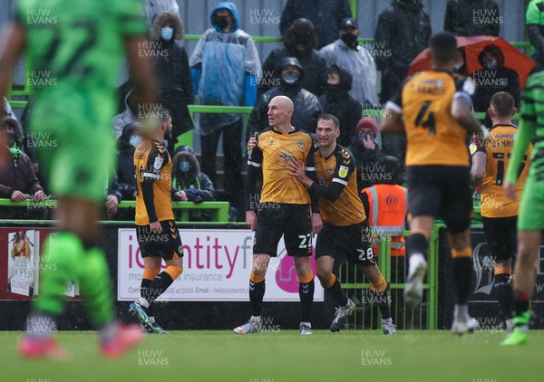 230521 - Forest Green Rovers v Newport County - SkyBet League Two Play off Semi-Final, Second Leg - Kevin Ellison of Newport County wheels away to celebrate with team mates after scoring goal