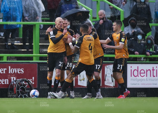 230521 - Forest Green Rovers v Newport County - SkyBet League Two Play off Semi-Final, Second Leg - Kevin Ellison of Newport County wheels away to celebrate with team mates after scoring goal