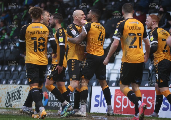 230521 - Forest Green Rovers v Newport County - SkyBet League Two Play off Semi-Final, Second Leg - Joss Labadie of Newport County celebrates with Kevin Ellison of Newport County after scoring the second goal
